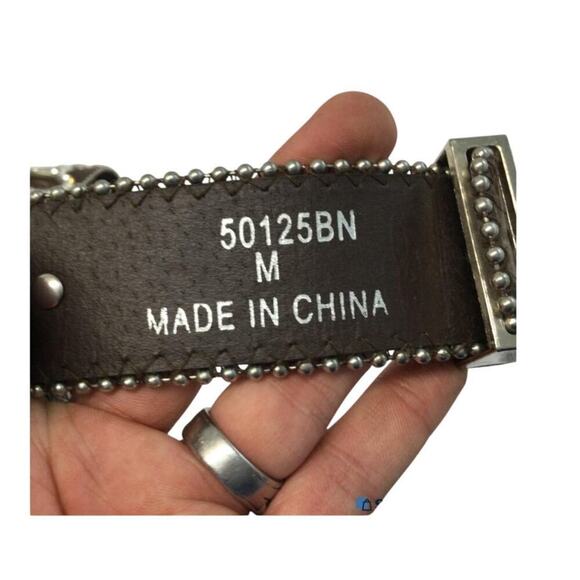 Rhinestone Western Leather Belt Size M Nocona Horseshoe Silver Buckle Rodeo - Picture 3 of 4